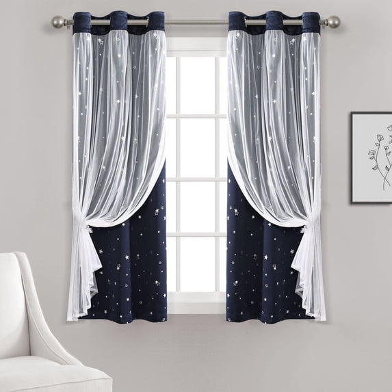 Lush Decor Star Sheer Insulated Grommet Blackout Window Curtain Panels Navy 38X63 Set