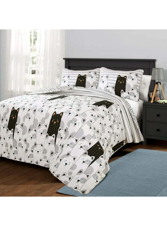 Lush Decor Stripe Bear Kids Animal Print Cotton Reversible Quilt, Twin, Gray/Black, 2-Pc Set