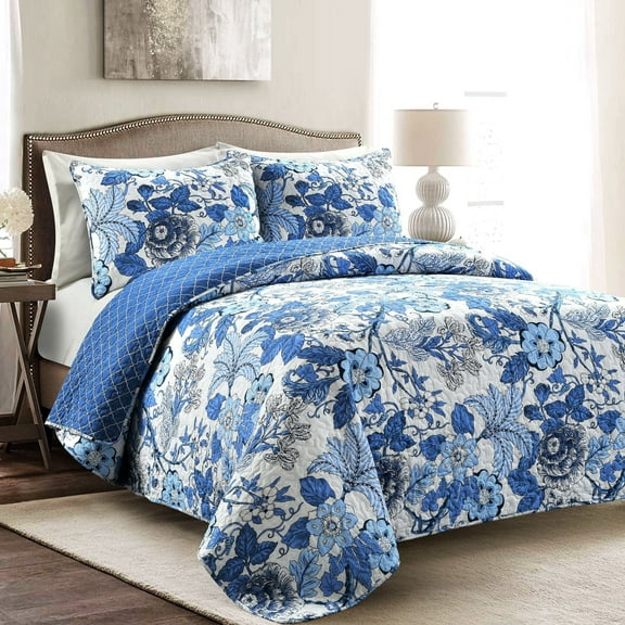 Lush Decor Sydney Floral Cotton Reversible Quilt, Full/Queen, Navy/White, 3-Pc Set