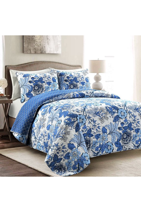 Sydney Floral Cotton Reversible Quilt, Full/Queen, Navy/White, 3-Pc Set