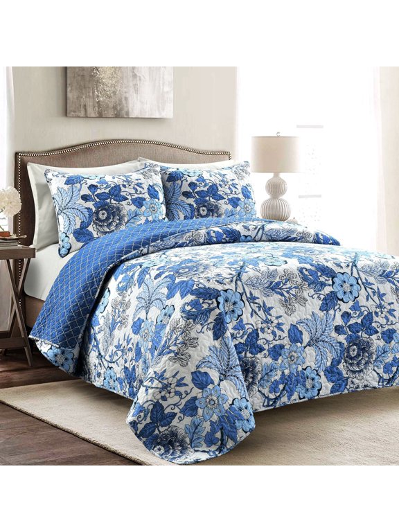 Sydney Floral Cotton Reversible Quilt, Full/Queen, Navy/White, 3-Pc Set