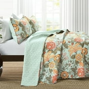 Lush Decor Sydney Floral Cotton Reversible Quilt, King, Blue/Green, 3-Pc Set