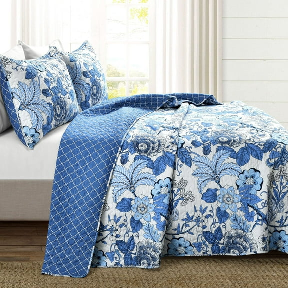 Lush Decor Sydney Floral Cotton Reversible Quilt, King, Navy/White, 3-Pc Set