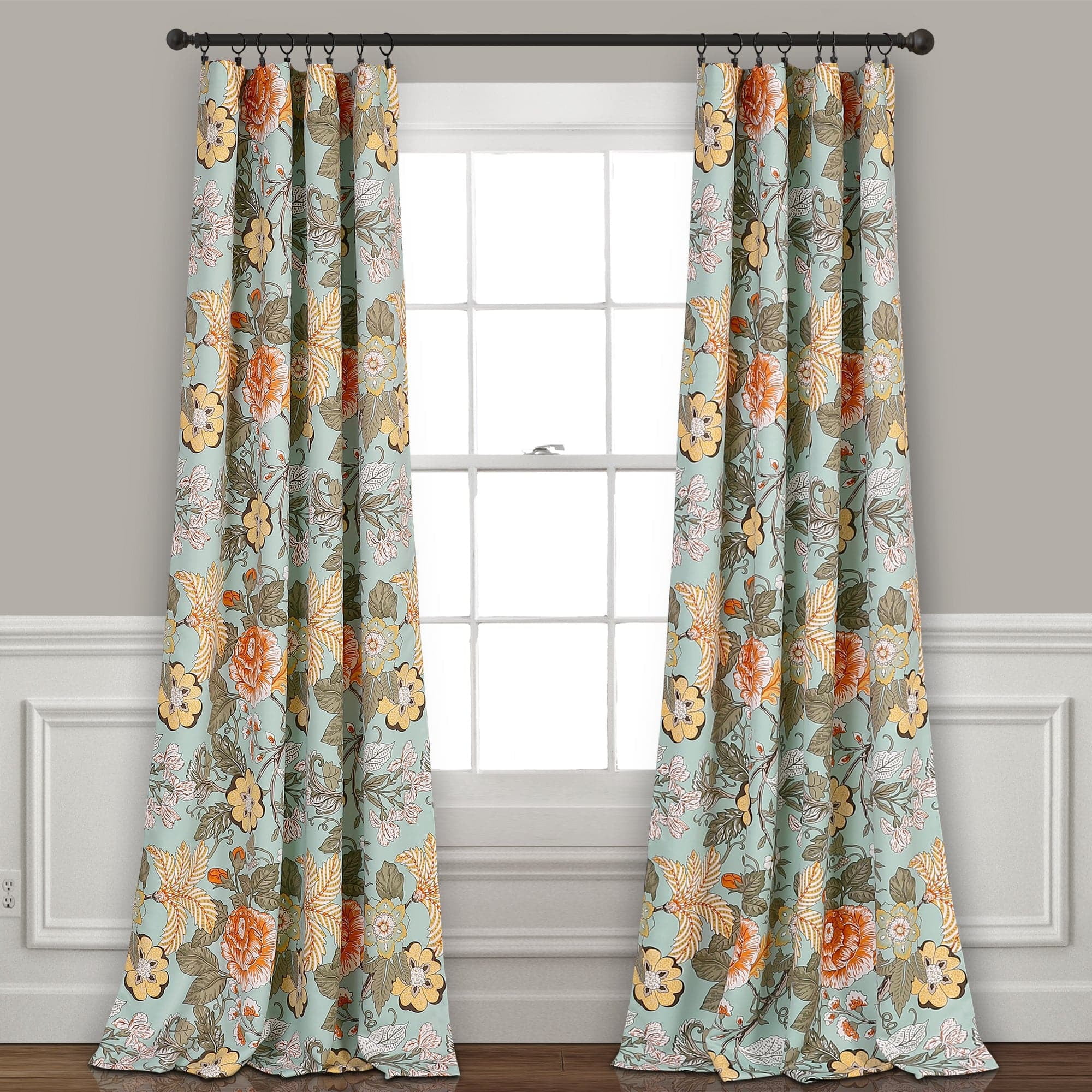 Sydney Blue Green Floral Blackout Polyester Curtain Panels, Set of 2