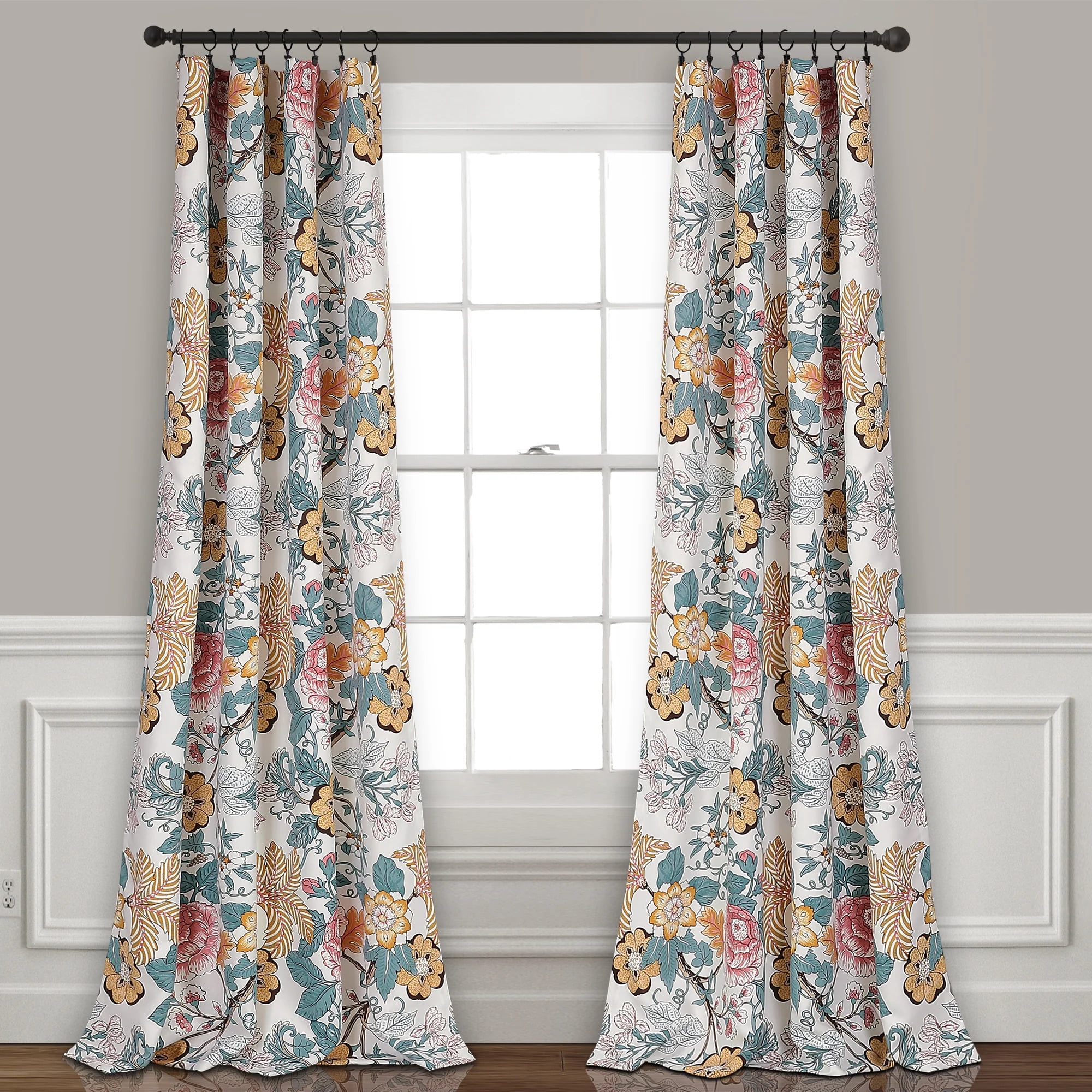 Blue and Yellow Floral Polyester Room Darkening Curtain Panels