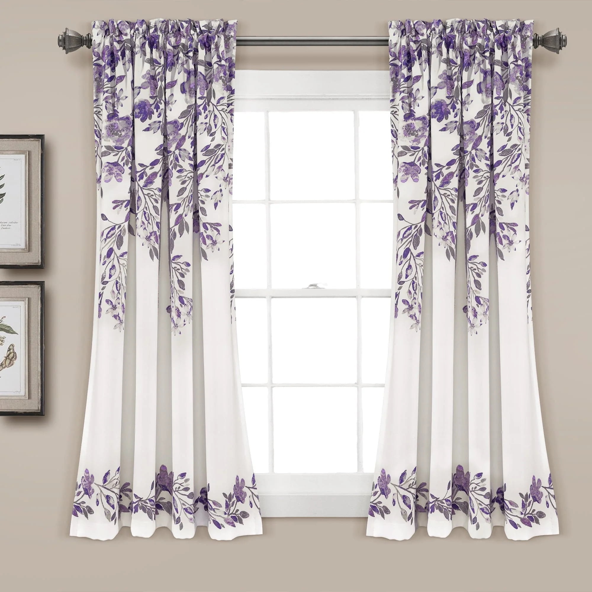 Purple and Gray Floral Blackout Polyester Window Panels