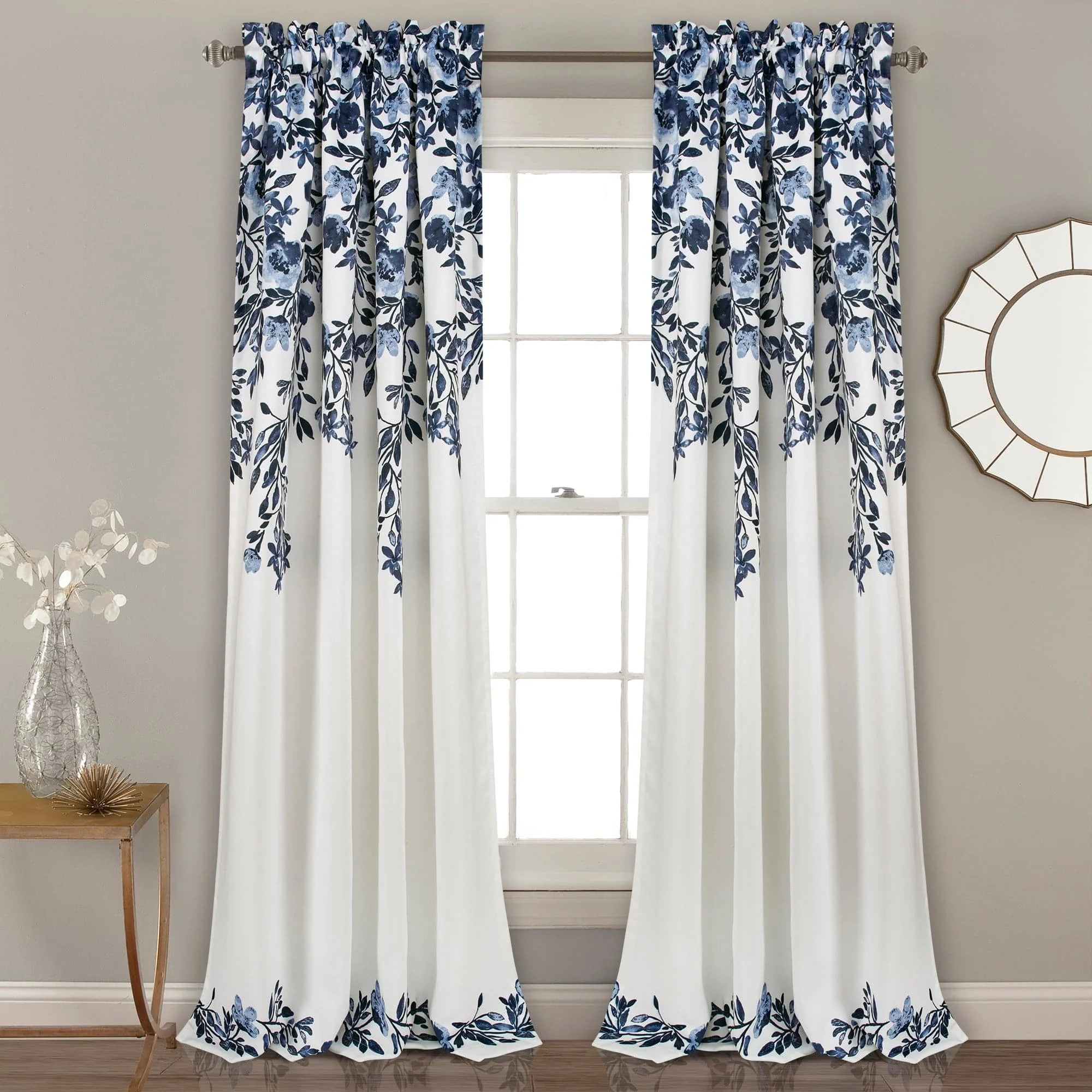 Navy and White Floral Blackout Polyester Curtain Panels