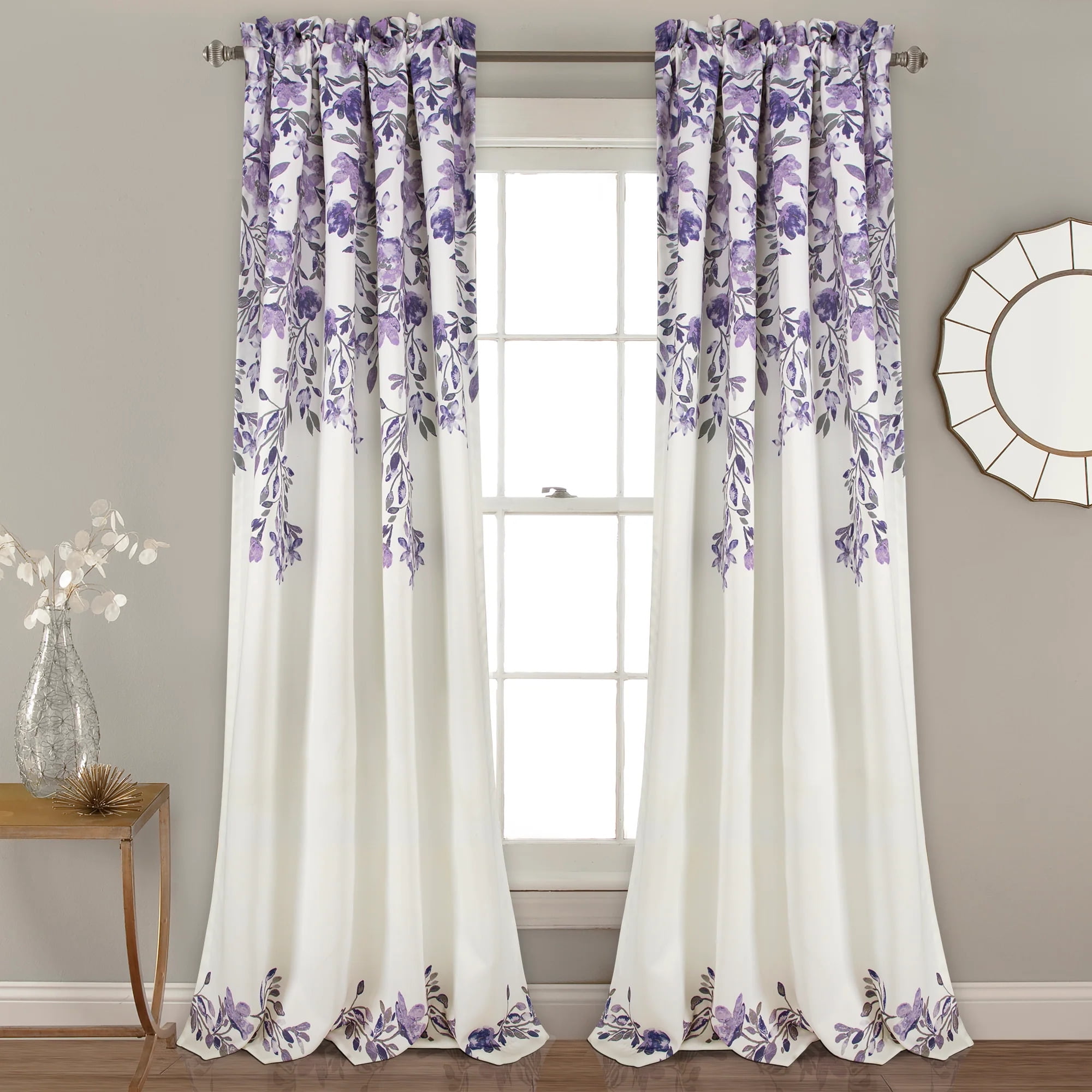Tanisha Purple and Gray Floral Polyester Blackout Curtain Panels