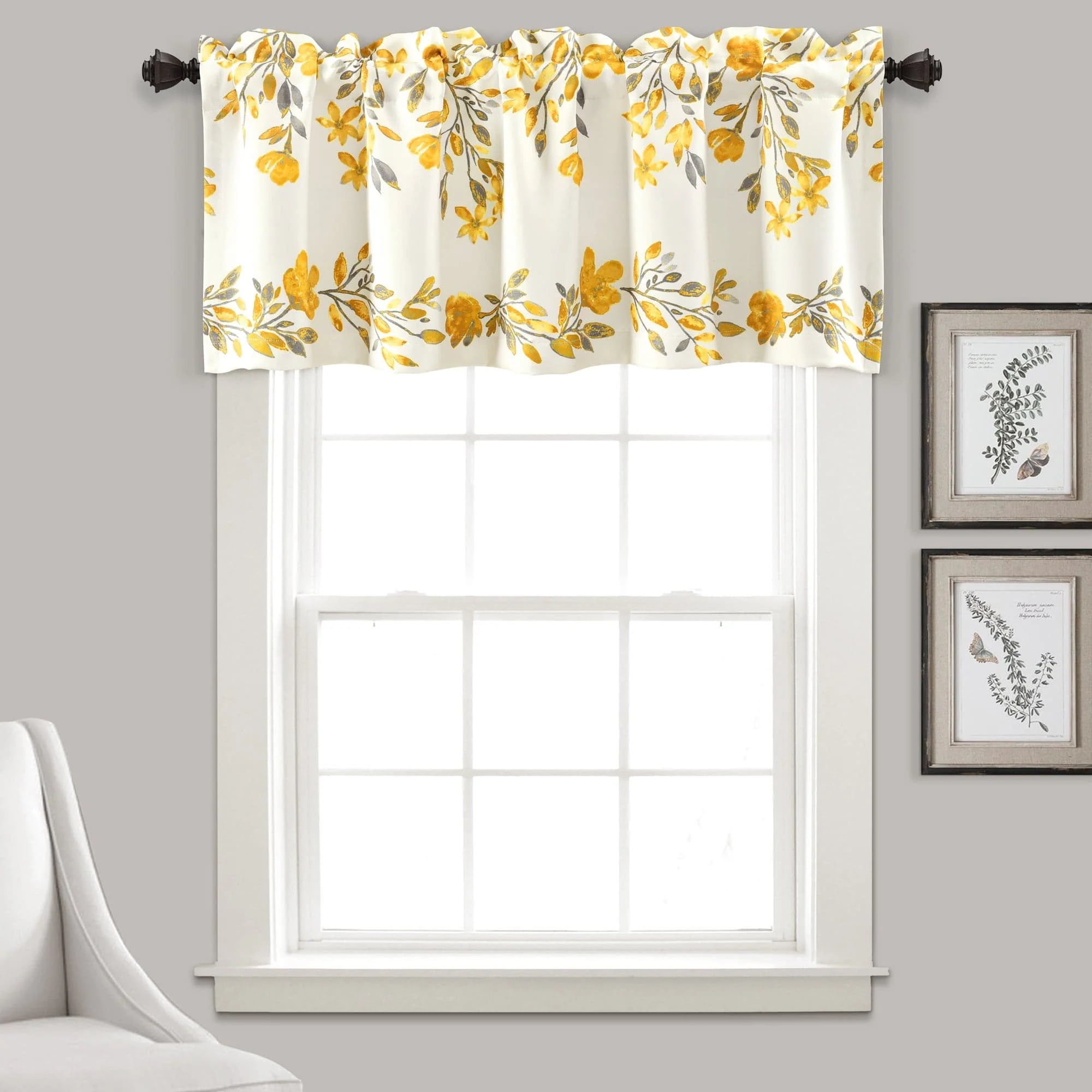 Tanisha Yellow and Gray Floral Polyester Rod Pocket Valance