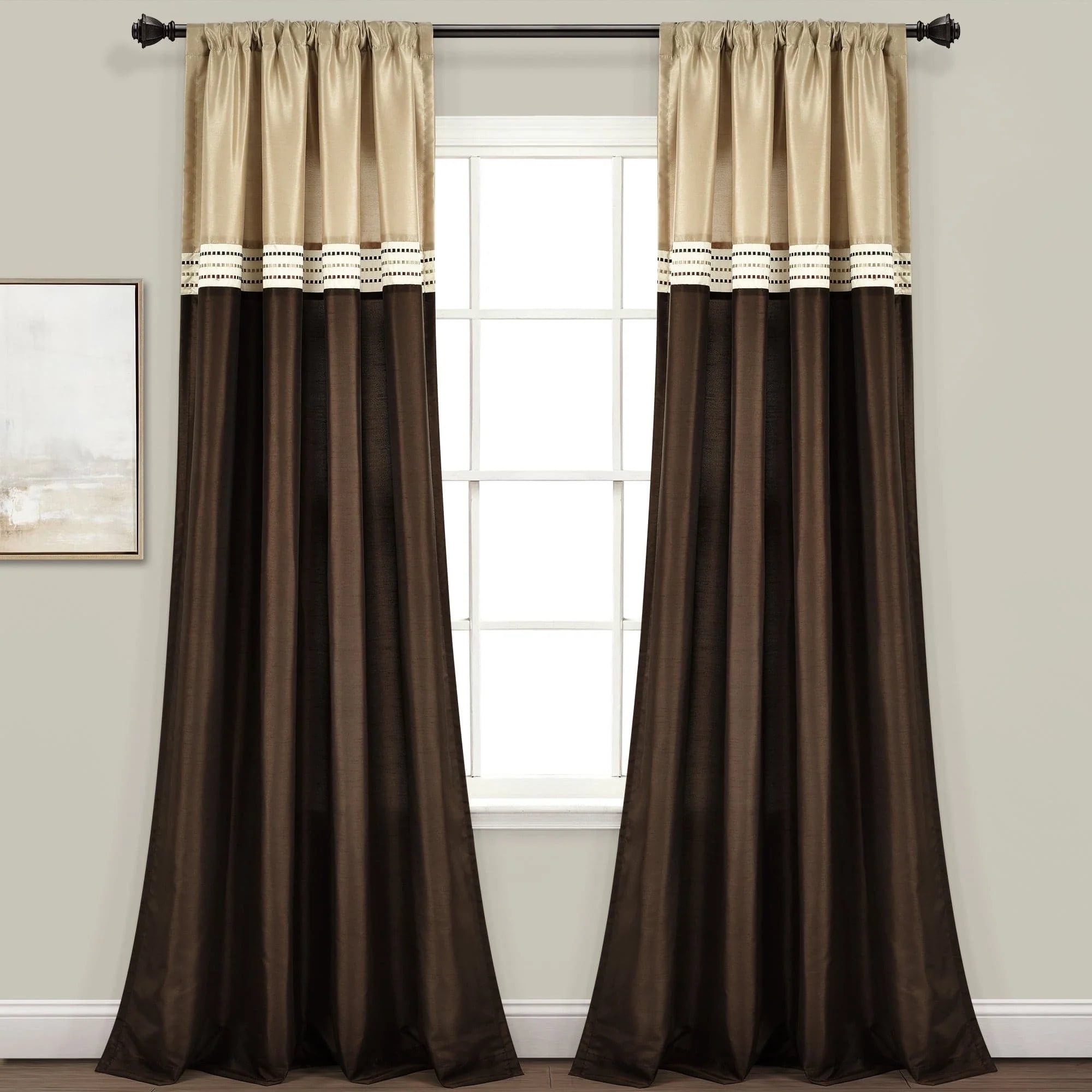 Beige and Brown Polyester Rod Pocket Window Curtain Panels, 84-Inch Pair