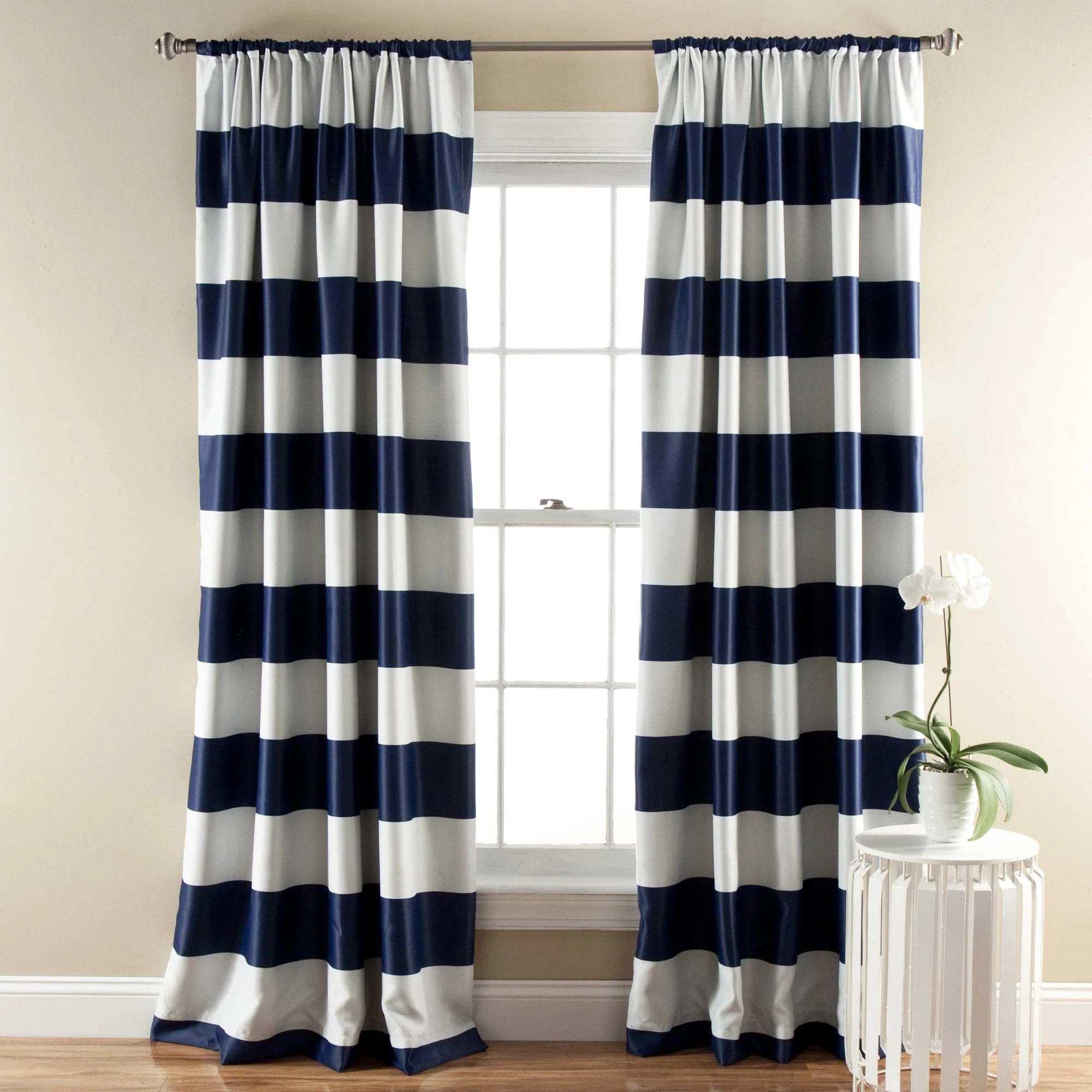 Navy and Off-White Polyester Blackout Window Panels, 52"W x 84"L