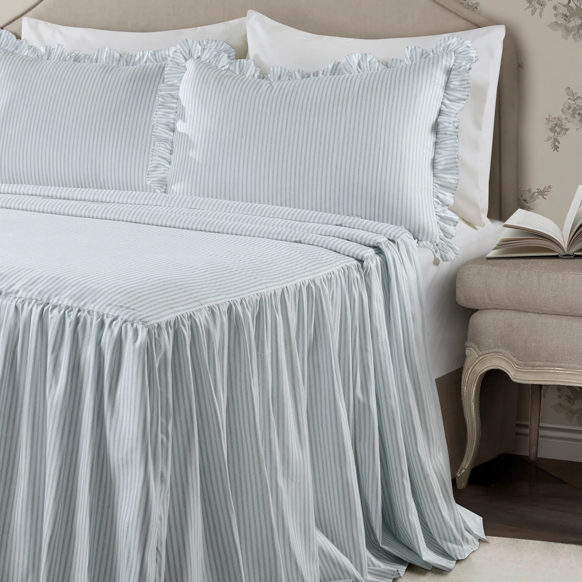 Lake Blue Queen Ticking Stripe Ruffle-Edged Bedspread Set