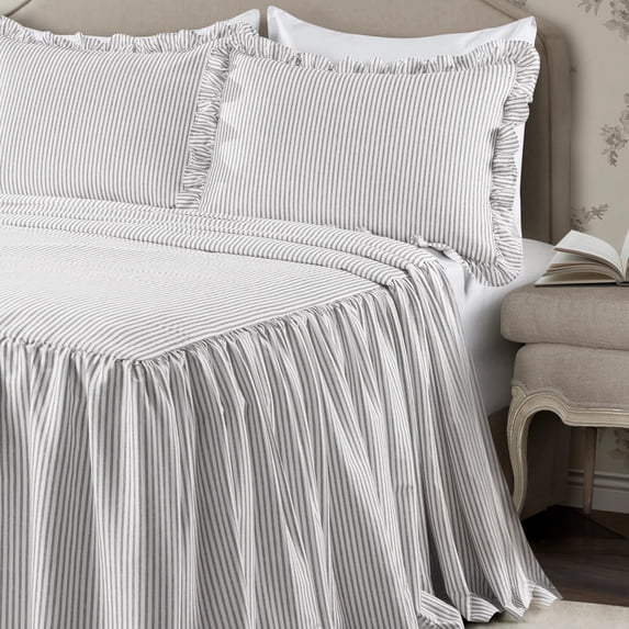 Lush Decor Ticking Stripe Ruffle Detail Bedspread, Full, Gray, 3-Pc Set