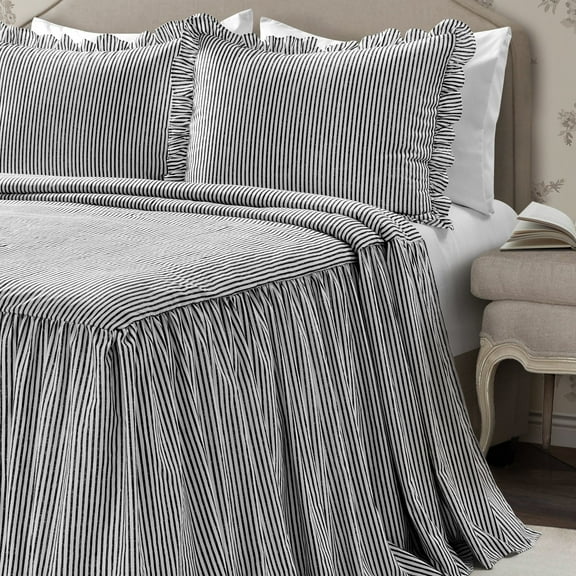Lush Decor Ticking Stripe Ruffle Detail Bedspread, King, Black, 3-Pc Set