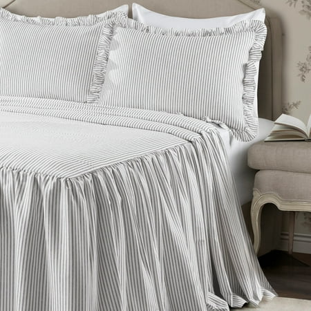 Lush Decor Ticking Stripe Ruffle Detail Bedspread, King, Gray, 3-Pc Set