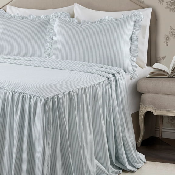 Lush Decor Ticking Stripe Ruffle Bedspread, Lake Blue, King, 3 Count