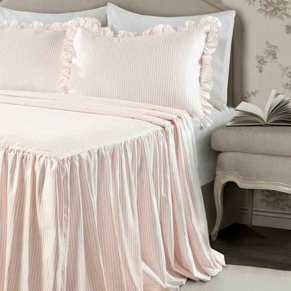 Lush Decor Ticking Stripe Ruffle Detail Bedspread, Queen, Blush, 3-Pc Set