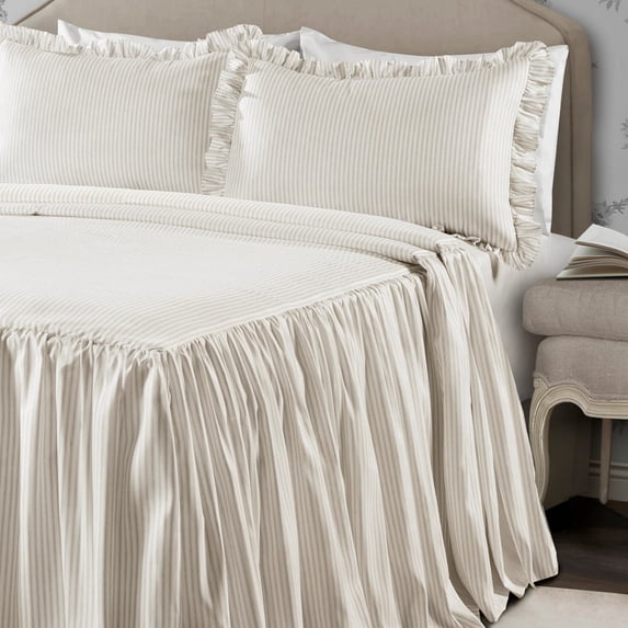 Lush Decor Ticking Stripe Ruffle Detail Bedspread, Queen, Wheat, 3-Pc Set