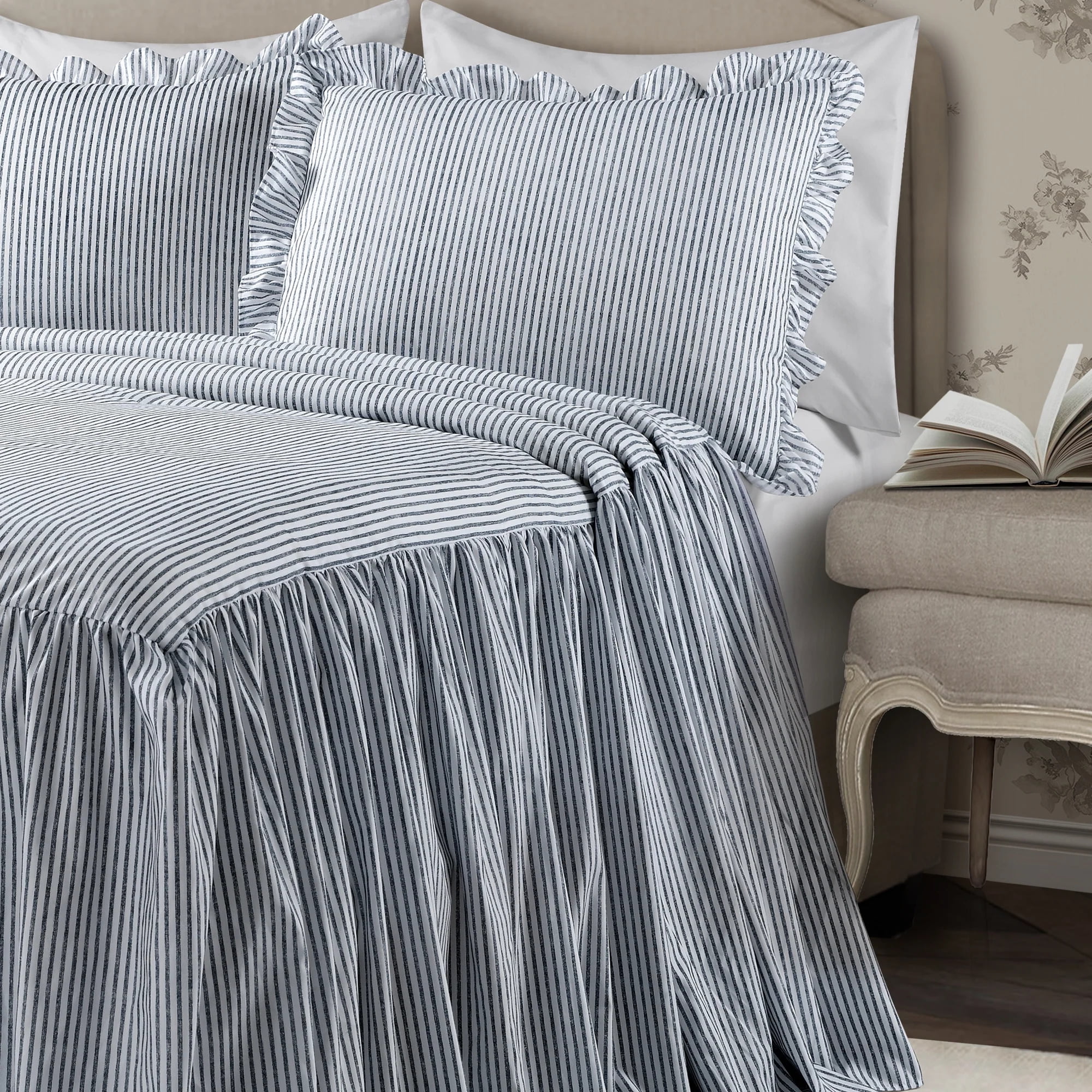 Navy Striped Ruffled Twin Bedspread Set for Girls