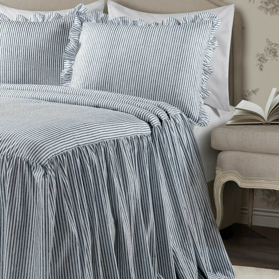Lush Decor Ticking Stripe Ruffle Detail Polyester Bedspread, Full, Navy, 3-Pc Set