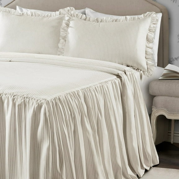 Lush Decor Ticking Stripe Ruffle Detail Polyester Bedspread, Full, Wheat, 3-Pc Set