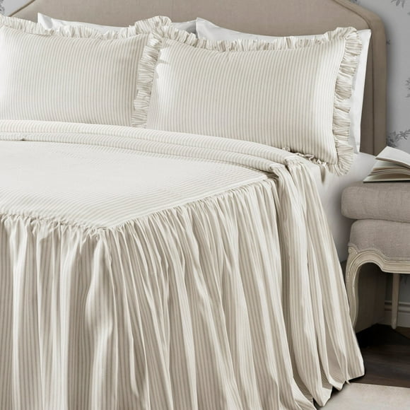 Lush Decor Ticking Stripe Ruffle Detail Polyester Bedspread, King, Wheat, 3-Pc Set