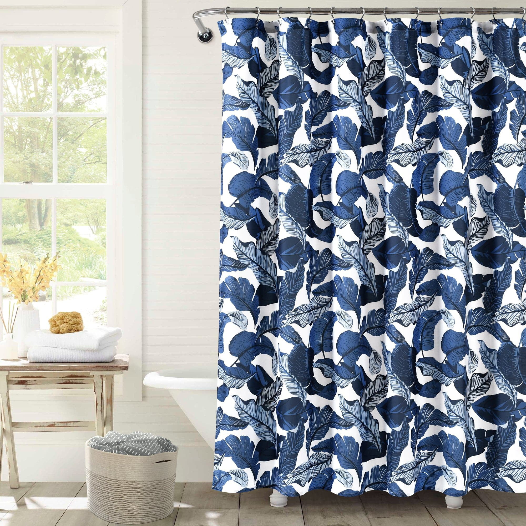 Navy Tropical Banana Leaves Polyester Shower Curtain, 72" x 72"