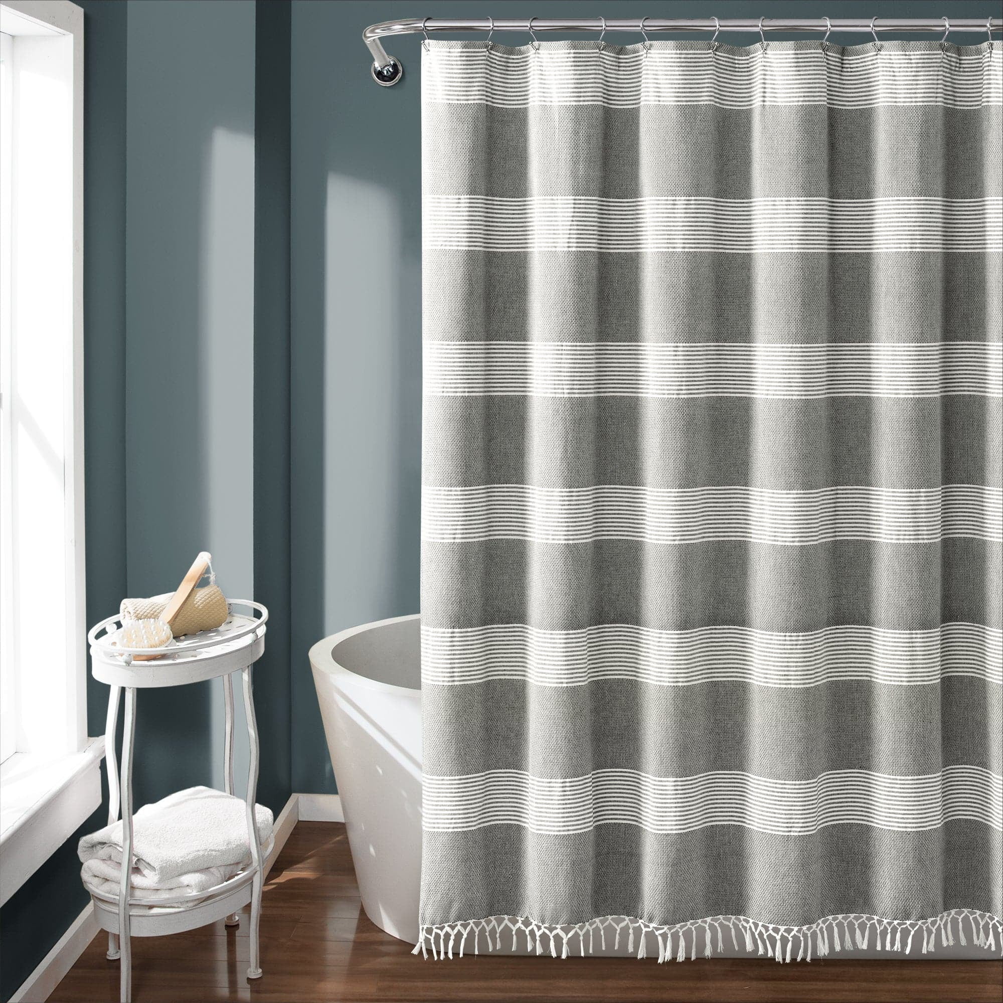 Gray and White Cotton Striped Tassel Shower Curtain