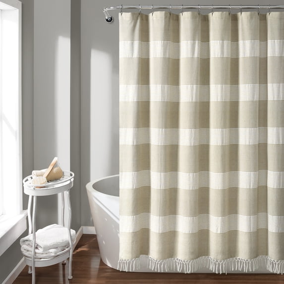 Lush Decor Tucker Stripe Yarn Dyed Cotton Knotted Tassel Cotton Shower Curtain, 72x72, Taupe, Single