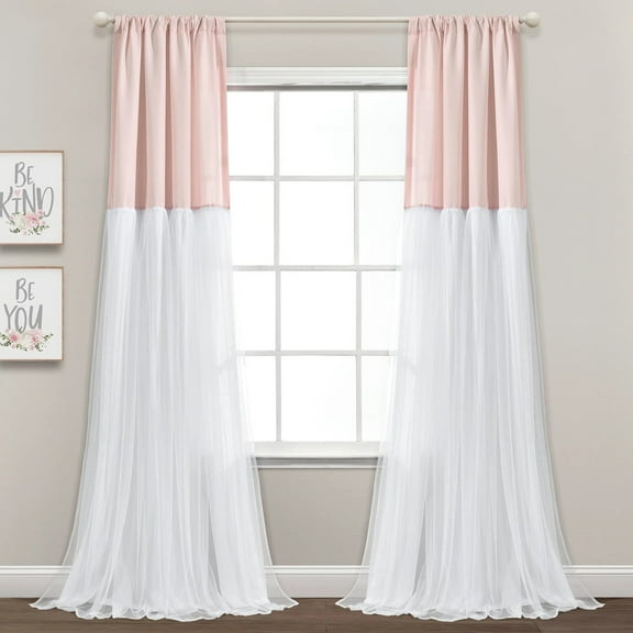 Lush Decor Tulle Skirt Color block Tulle 84" x 40" Solid Blush 3" Rod Pocket Pair Window Panel Curtain