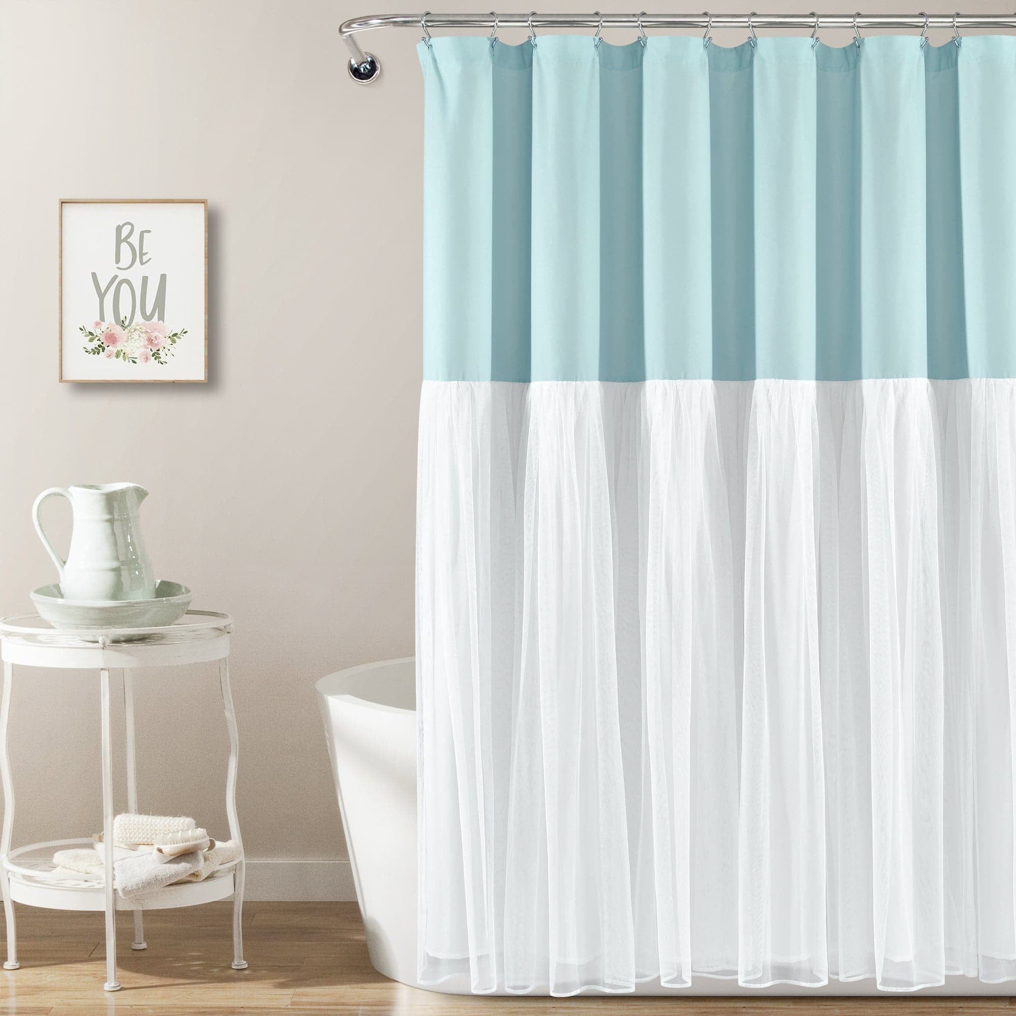 Lush Decor Tulle Skirt Colorblock Shower Curtain Spa Blue/White 72x72