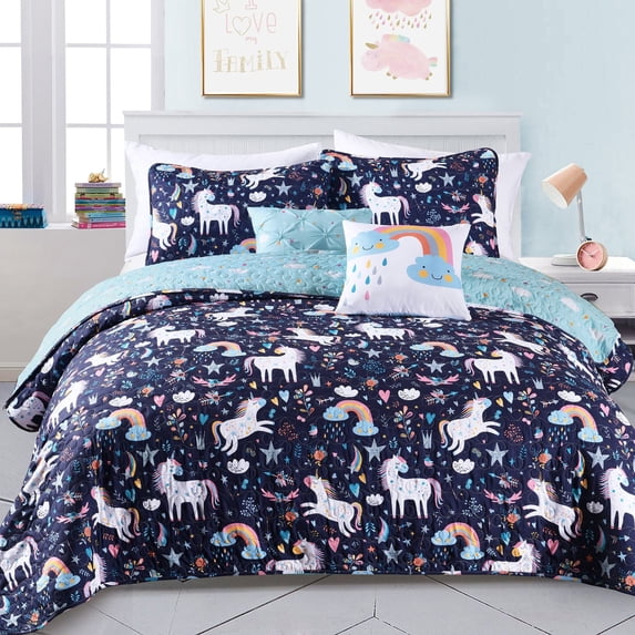 Lush Decor Unicorn Heart Kids Animal Print Polyester Reversible Quilt, Twin, Navy/Multi, 4-Pc Set