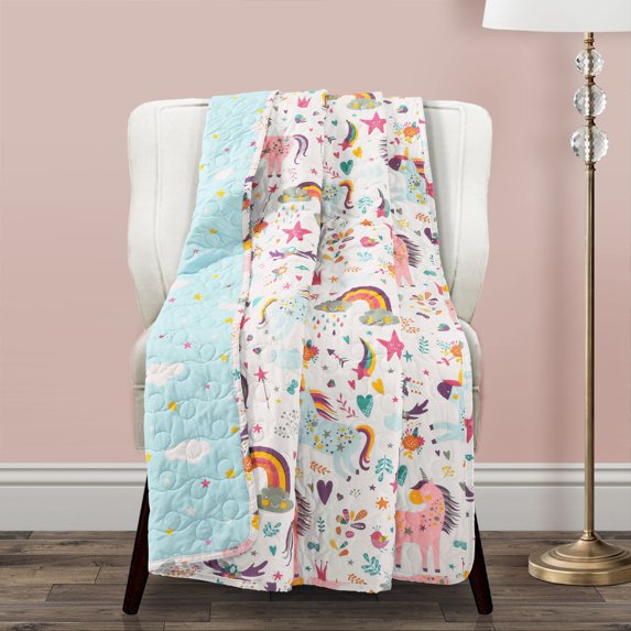 Lush Decor Unicorn Heart Kids Animal Print Polyester Reversible Throw, 60" x 50", White/Multi, Single