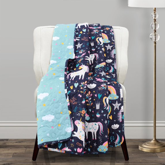 Lush Decor Unicorn Heart Kids Animal Print Polyester Reversible Throw, 60" x 50", Navy/Multi, Single