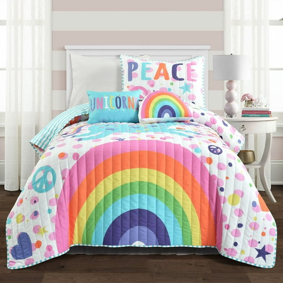 Lush Decor Unicorn Rainbow Kids Animal Print Reversible Quilt, Twin, White/Multi, 4-Pc Set