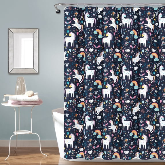 Lush Decor Unicorn Rainbow and Heart Pattern Kids Print Machine Washable Polyester Shower Curtain, 72x72, Navy/Multi, Single