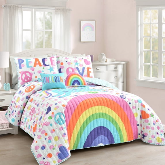 Lush Decor Unicorn and Rainbow Quilt Bedding Set for Girls - Full / Queen - 5 Pieces