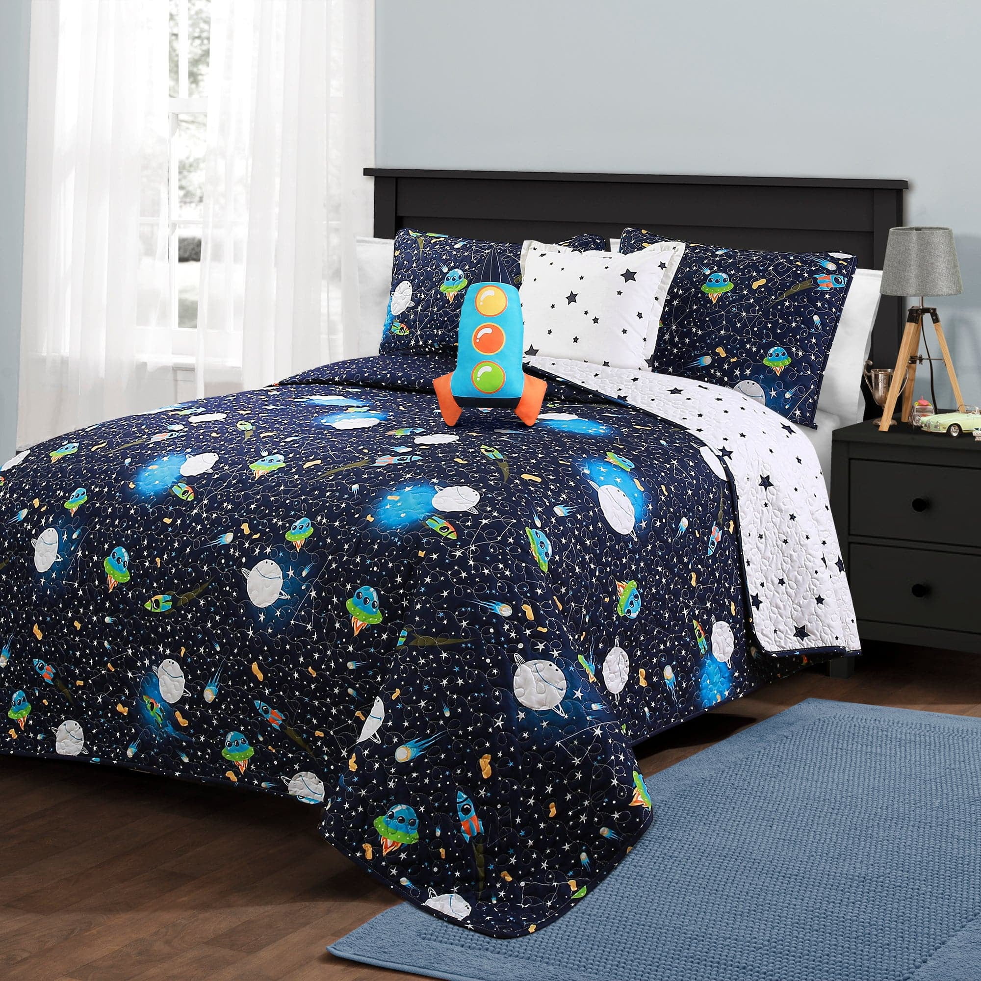Navy Universe Kids Reversible Quilt Set with Rocket Pillow