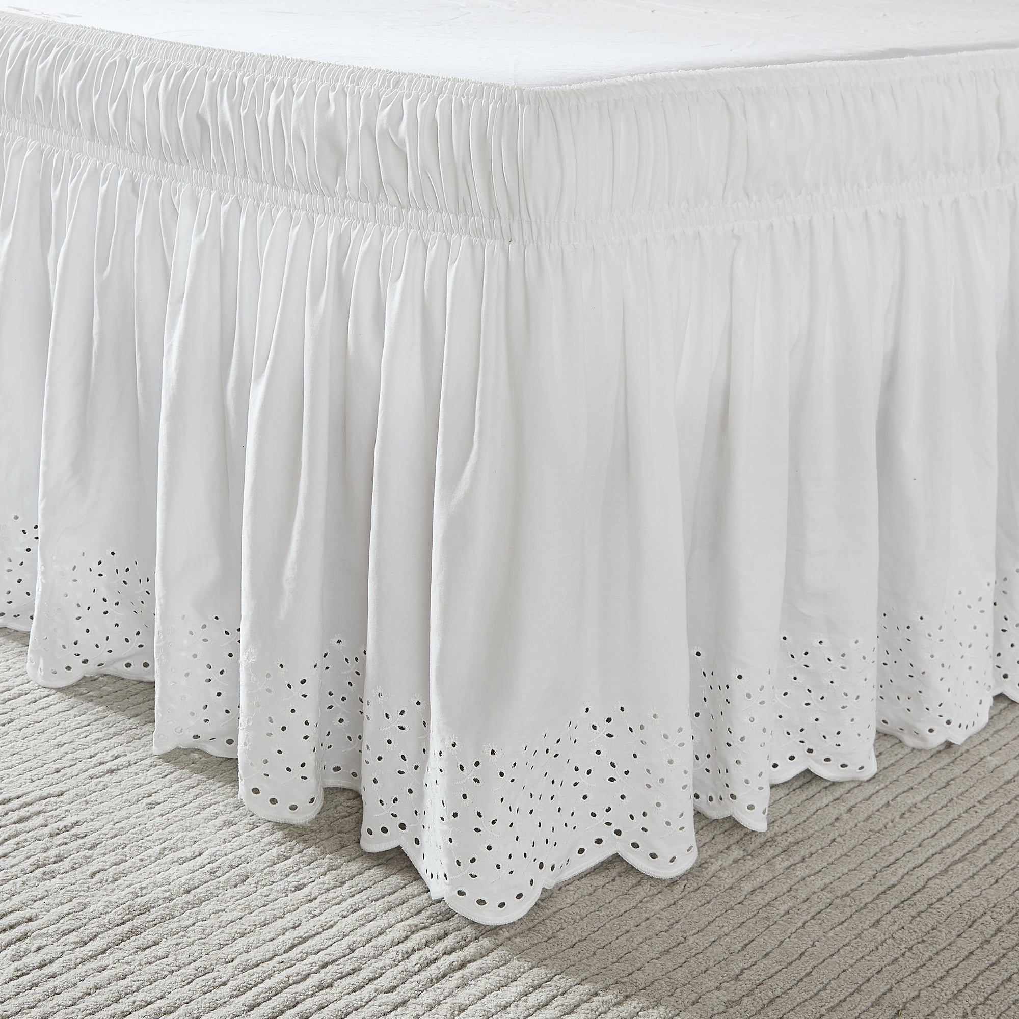 Lush Decor Vintage Eyelet Bed Skirt Single Twin/ Twin XL/ Full, Off White - Dust Ruffle - Wrap Around Bed Skirt - Coquette Decor