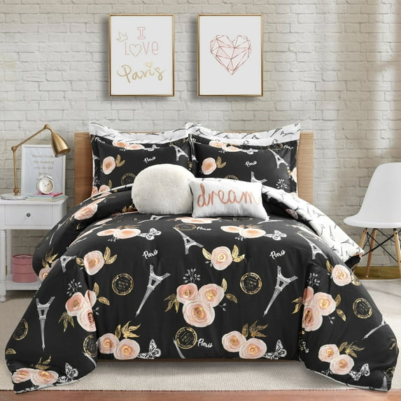 Lush Decor Vintage Paris Rose Butterfly Script Floral Polyester Reversible Comforter, Twin/Twin-XL, Black, 5-Pc Set