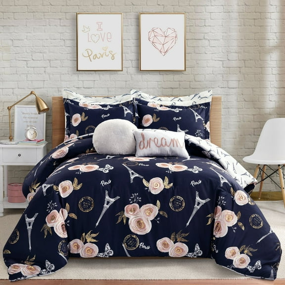 Lush Decor Vintage Paris Rose Butterfly Script Floral Reversible Comforter, Twin/Twin-XL, Navy, 5-Pc Set