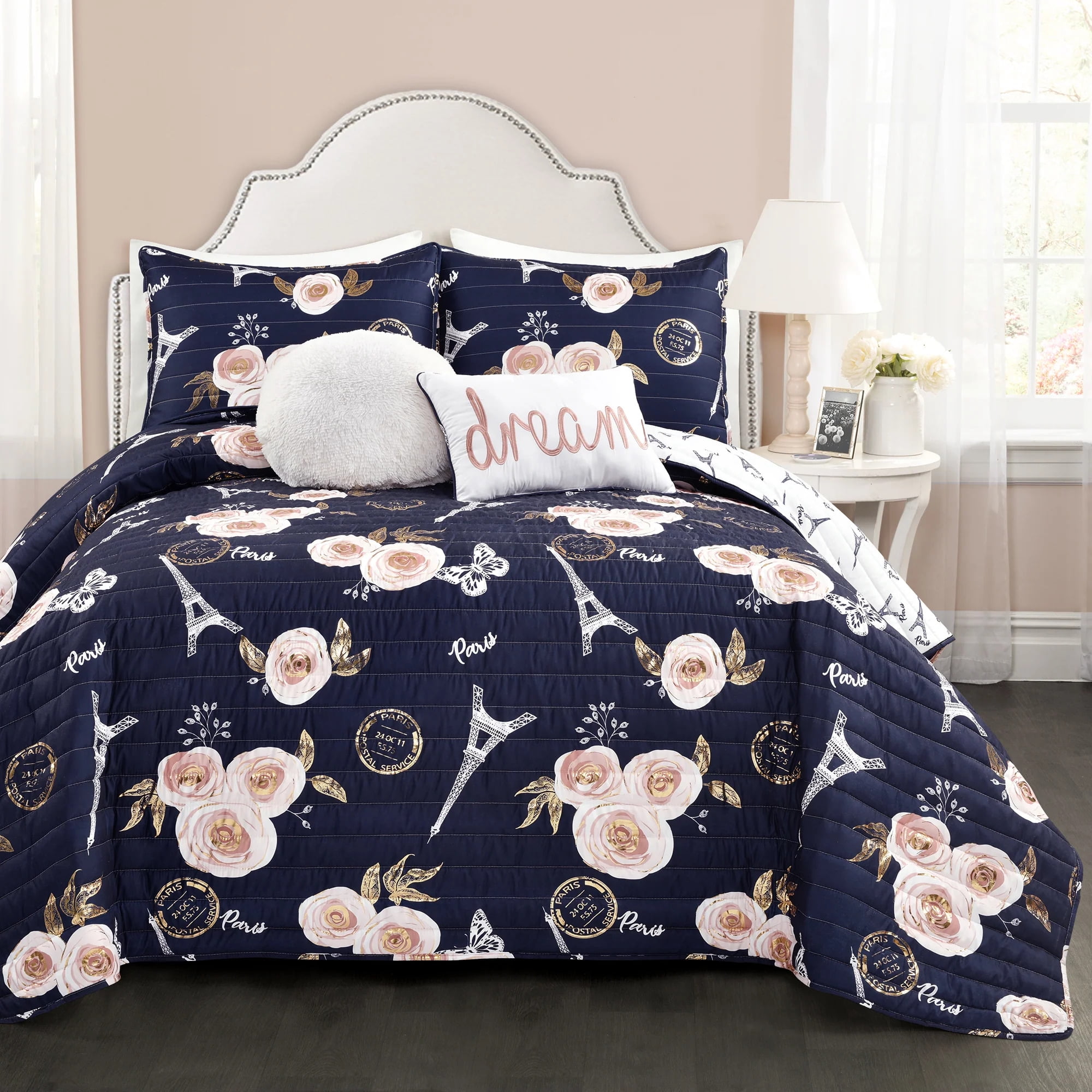 Lush Decor Vintage Paris Rose Butterfly Script Quilt Set - Walmart.com