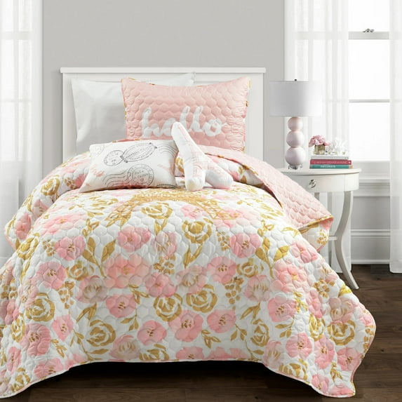Lush Decor Watercolor Rose Paris Glitter Reversible Quilt 4-Piece Bedding Set, Twin XL