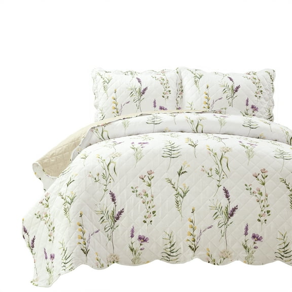 Lush Decor Watercolor Wildflower Scallop Edge Floral Quilt Set, 3 Piece Set, Full/ Queen, Neutral & Multi - Pretty Botanical Bedding Set - Scalloped Quilt - Garden Flowers - Spring Decor