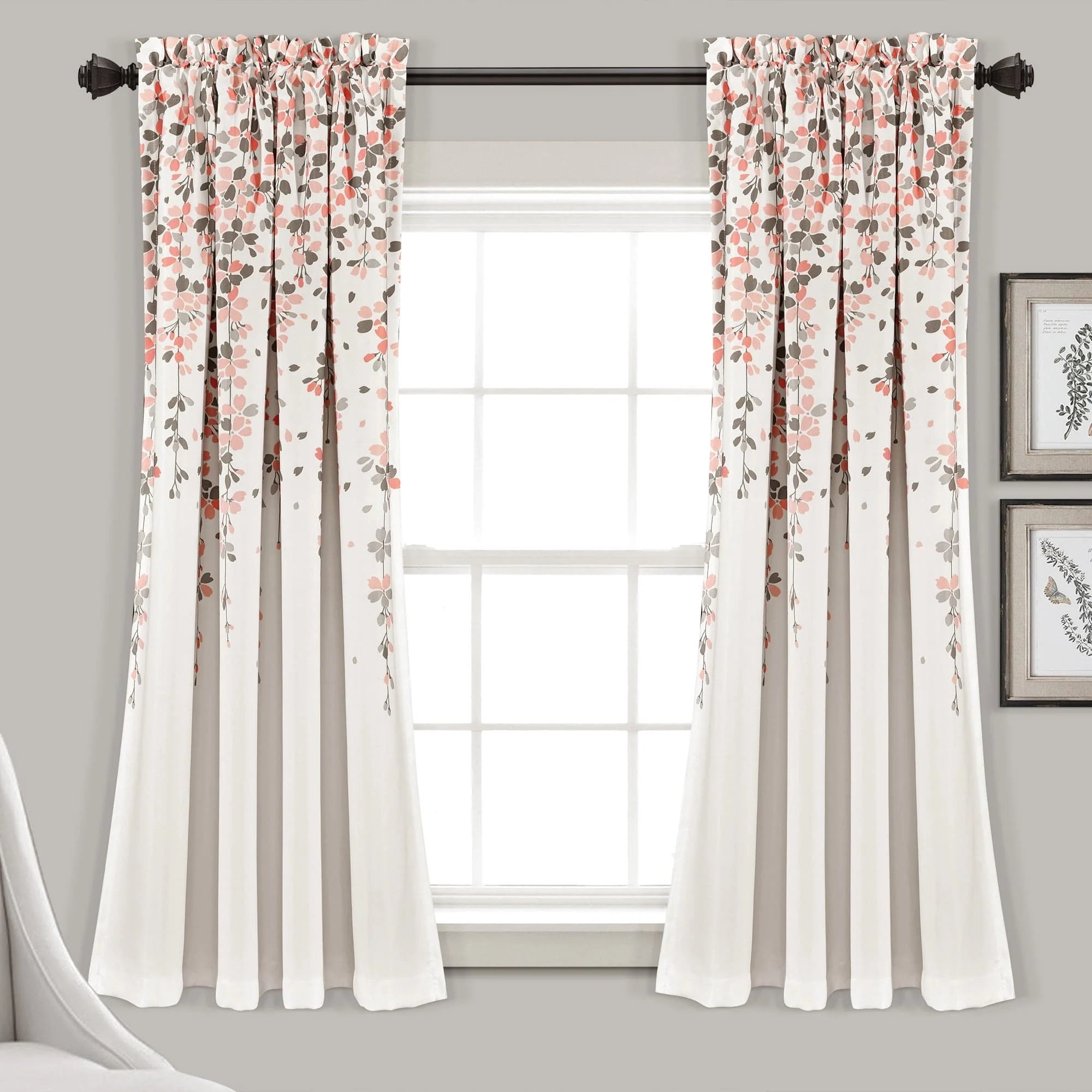 Blush and Gray Floral Blackout Polyester Window Curtain Panels, 52"W x 63"L