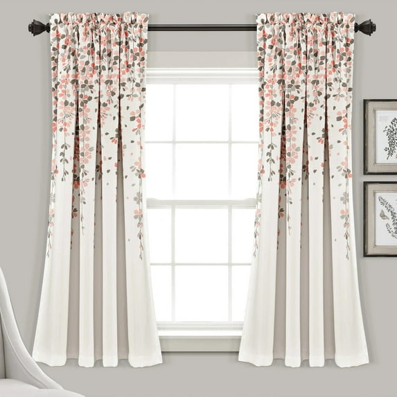 Lush Decor Weeping Flower Bright Colorful Floral Print 3" Rod Pocket Room Darkening Window Curtain Panel, Blush/Gray, 63"L x 52"W + 2" Header, Set of 2