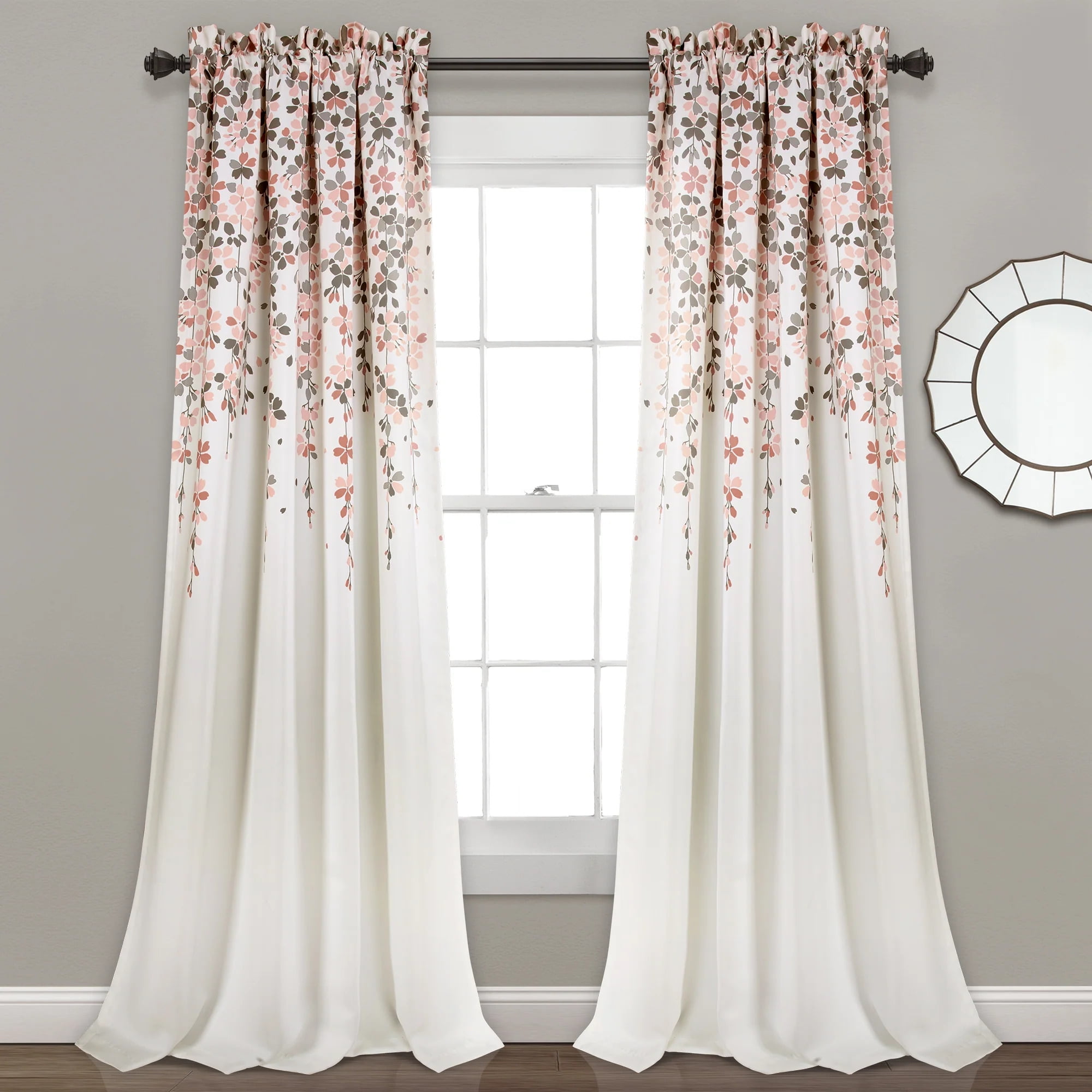 Blush and Gray Floral Blackout Polyester Window Curtain Panels