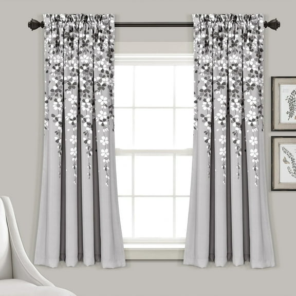 Lush Decor Weeping Flower Bright Colorful Floral Print 3" Rod Pocket Room Darkening Window Curtain Panel, Gray, 63"L x 52"W + 2" Header, Set of 2
