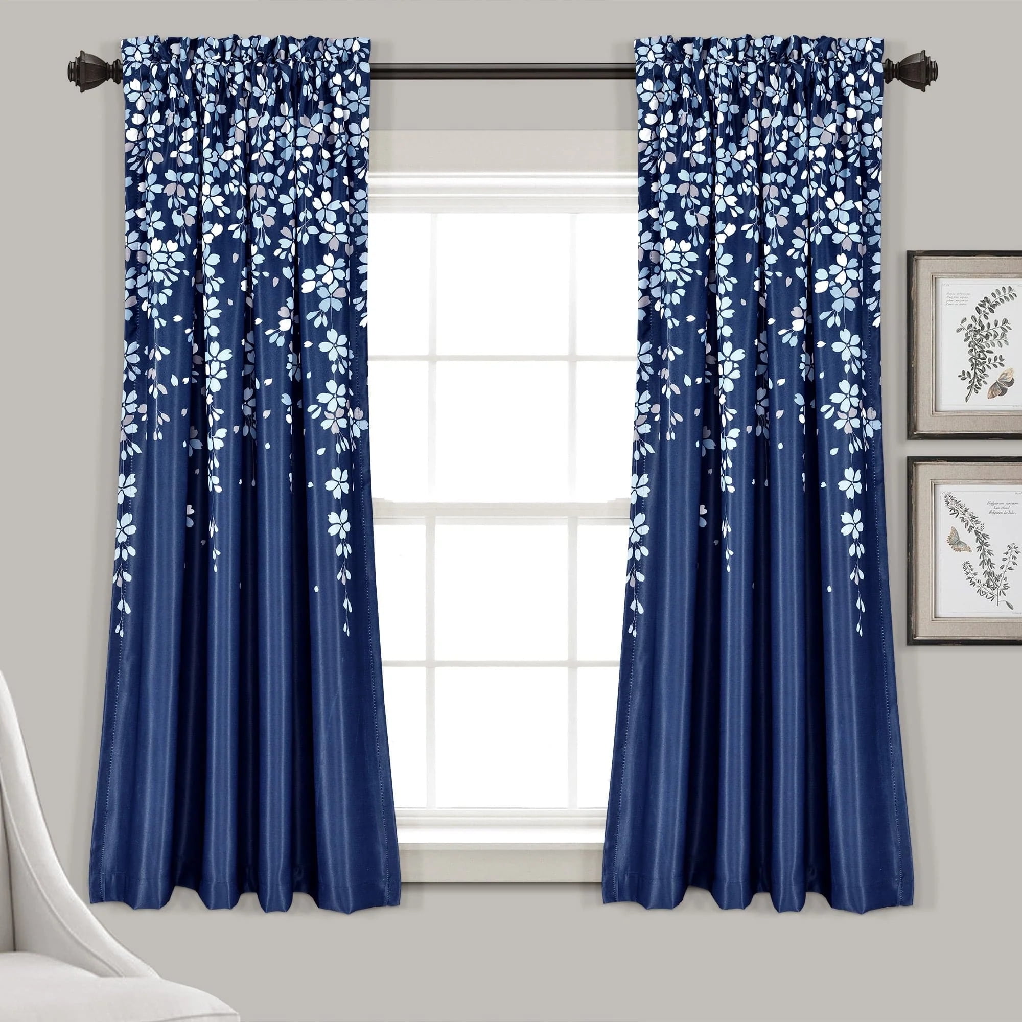 Navy Floral Polyester Blackout Rod Pocket Window Panels