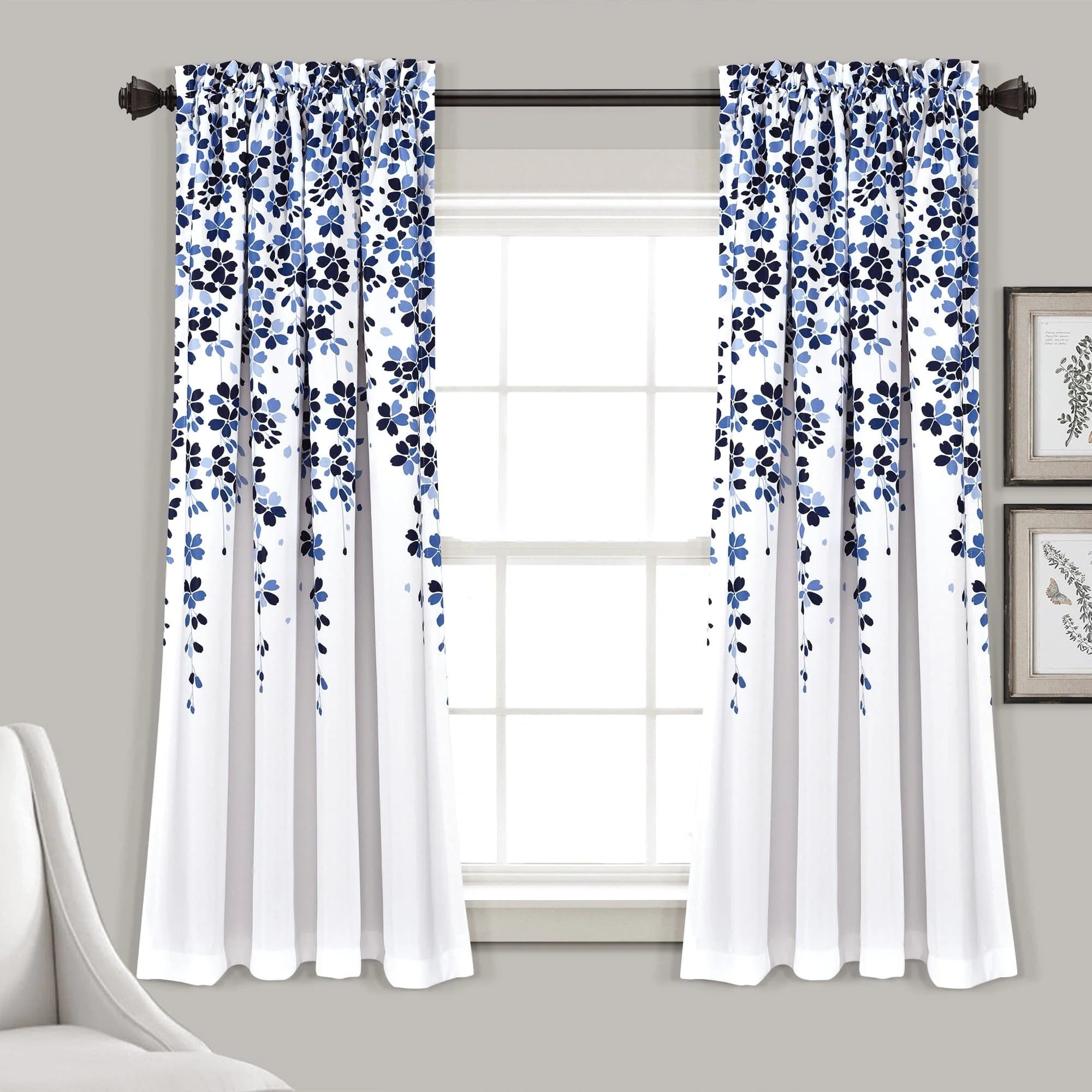 White and Navy Floral Room Darkening Curtain Panels, 52" x 63"